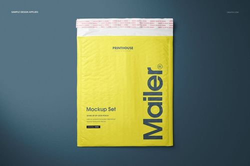 Front view of a yellow bubble mailer with printed text, displayed on a flat blue surface in a packaging mockup.