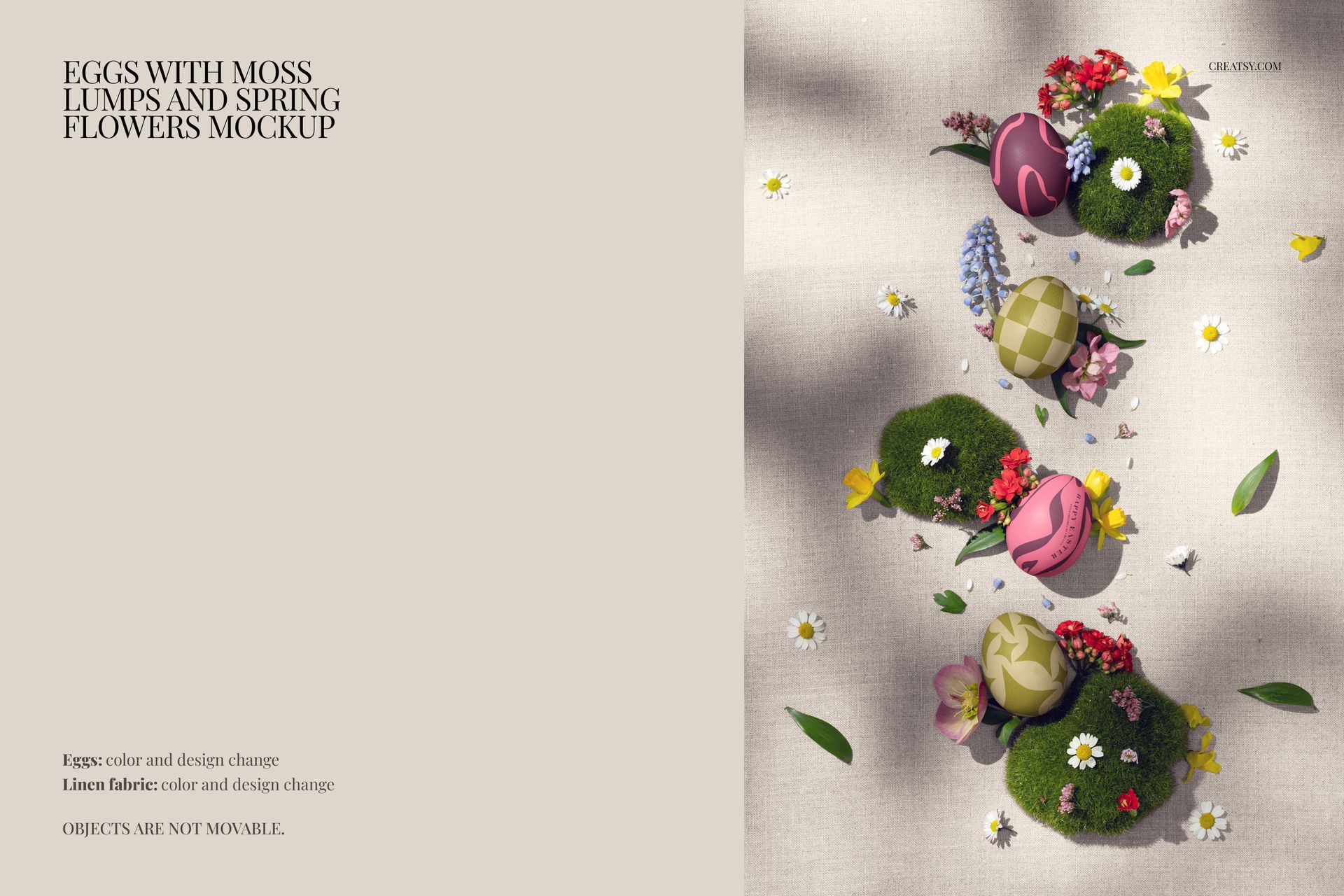 Top view of decorated Easter eggs arranged with moss lumps and spring flowers on a beige linen surface mockup.