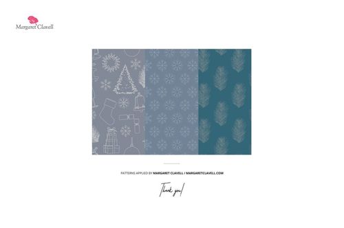 Christmas mockup swatches in blue and gray tones, decorated with festive icons like stockings and ornaments.