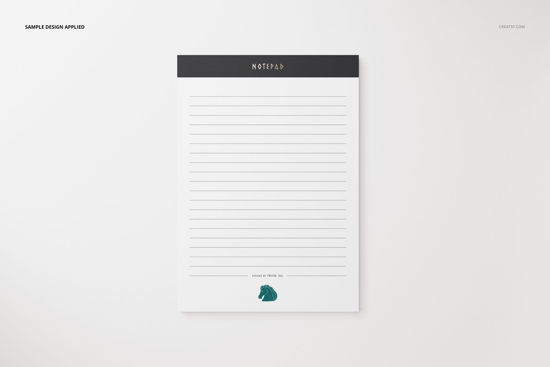 Front view of a stationery notepad mockup with a black header, lined white pages, and a green horse graphic.