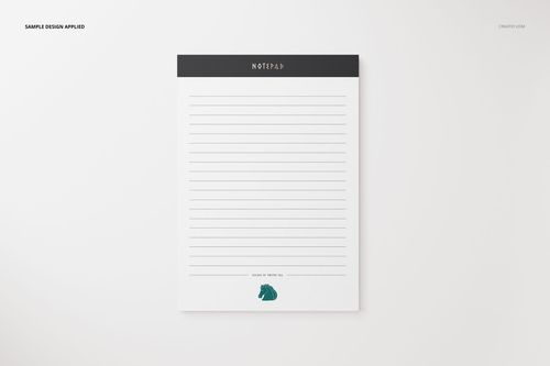 Front view of a stationery notepad mockup with a black header, lined white pages, and a green horse graphic.