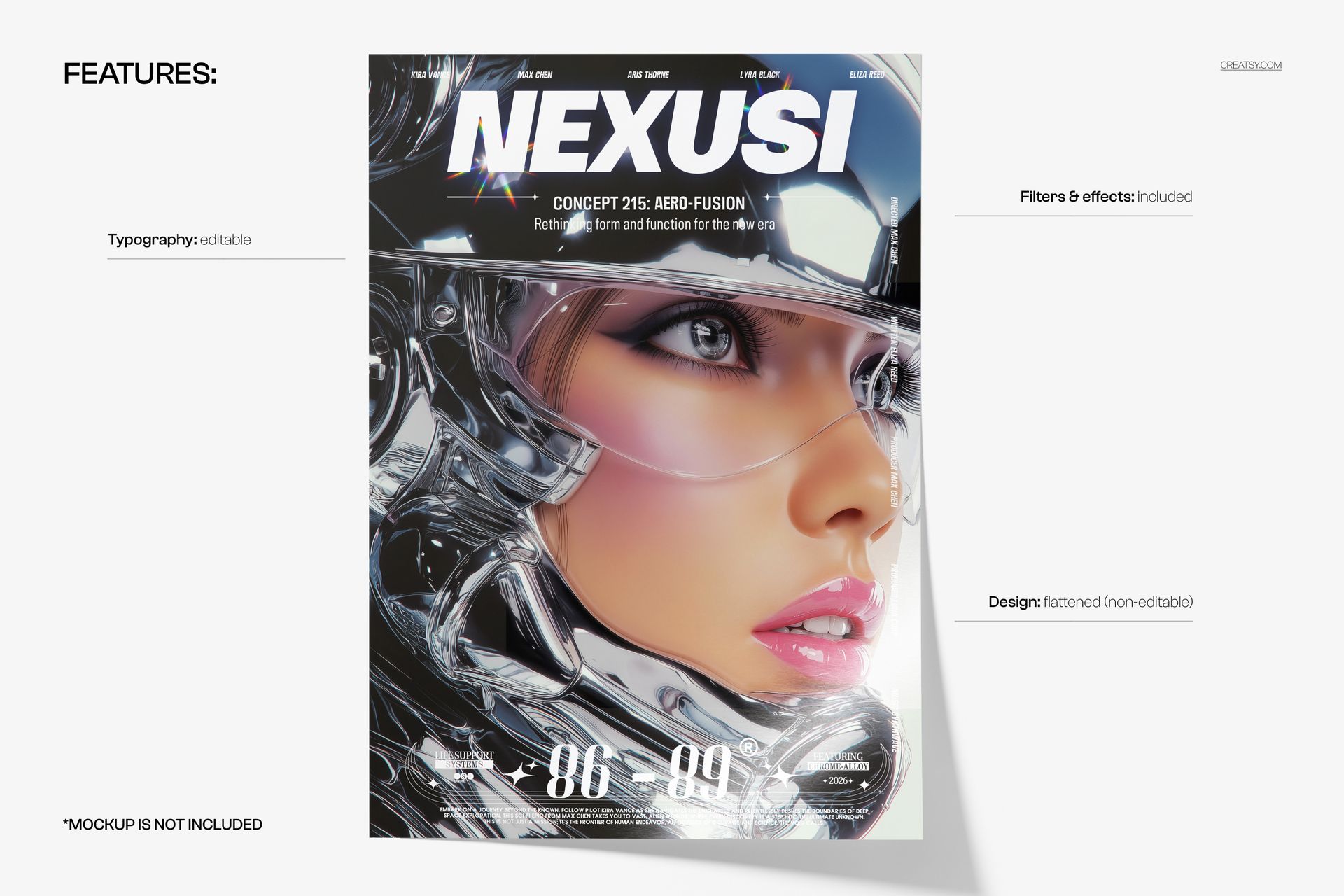 Front view of a poster mockup with abstract reflective patterns in black and silver tones, surrounded by feature labels.