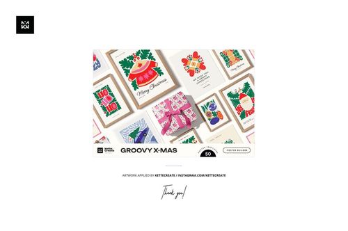 Christmas PSD mockup featuring a hand tying a ribbon on a gift box, with various illustrated greeting cards around it.