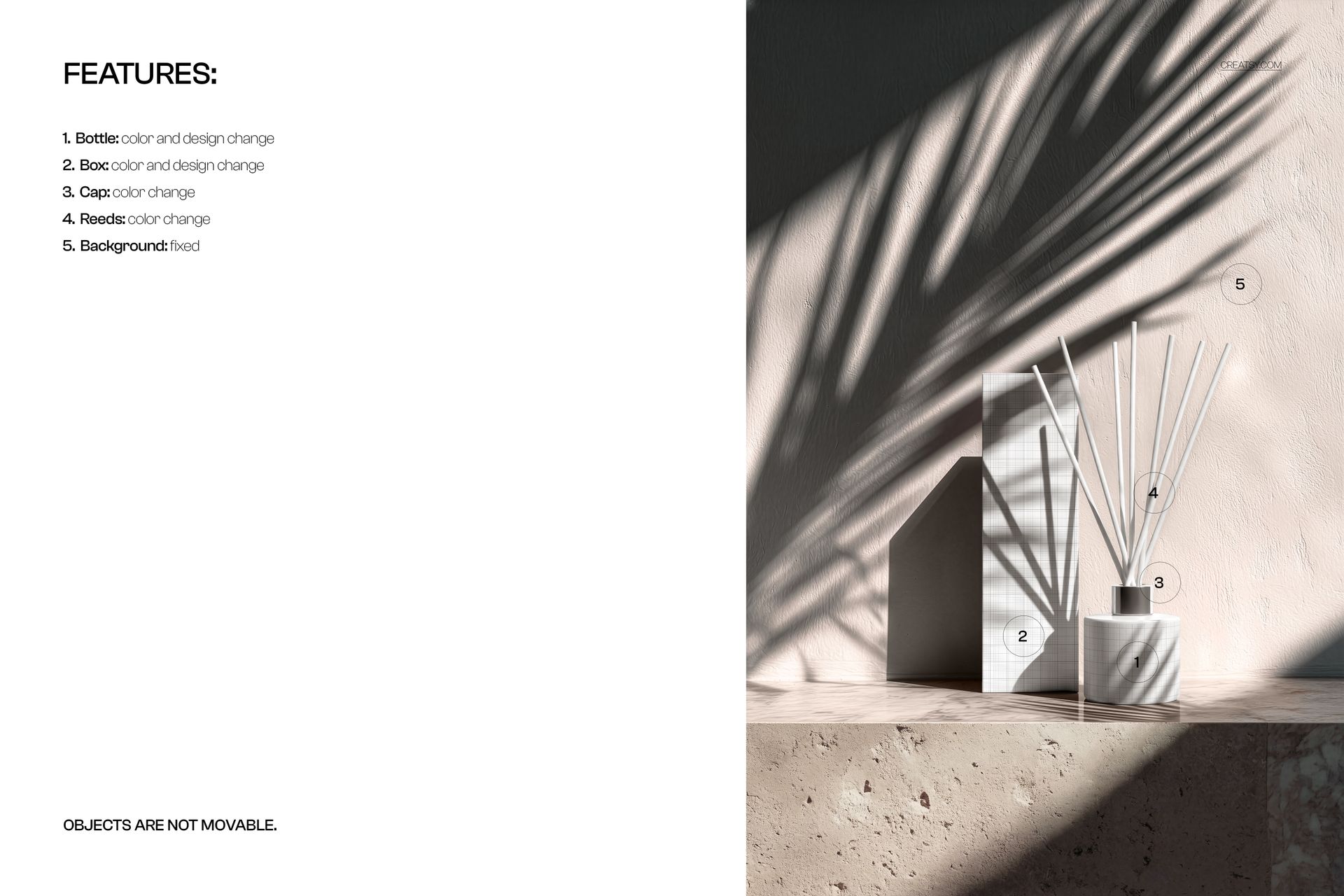 PSD mockup featuring a reed diffuser bottle and box on a textured stone pedestal, with soft natural lighting.