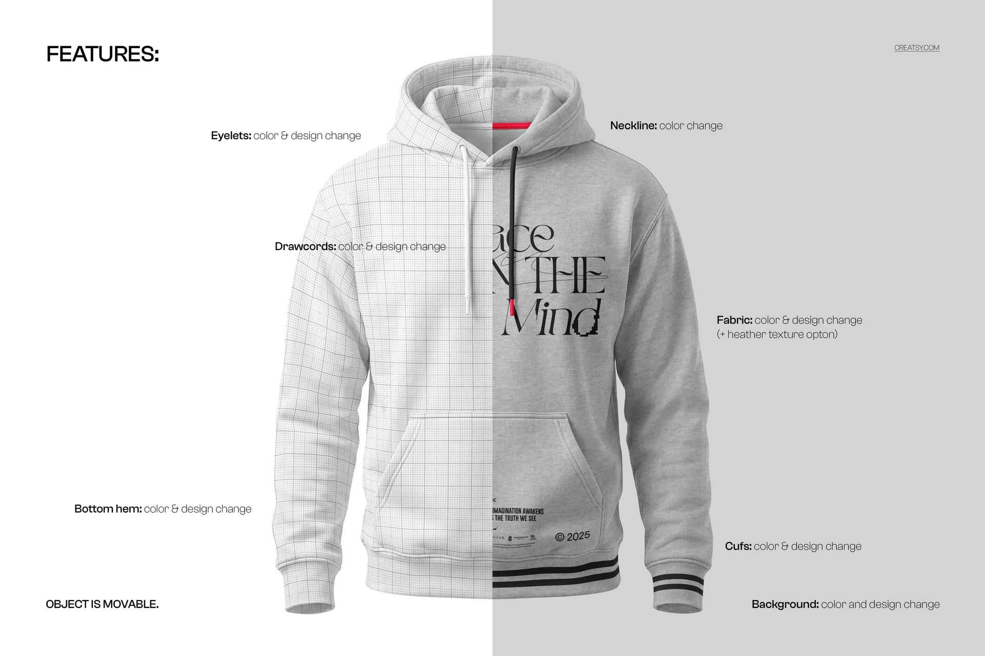 Men's hoodie mockup showing a front view of a light gray hoodie with customizable elements and split design.