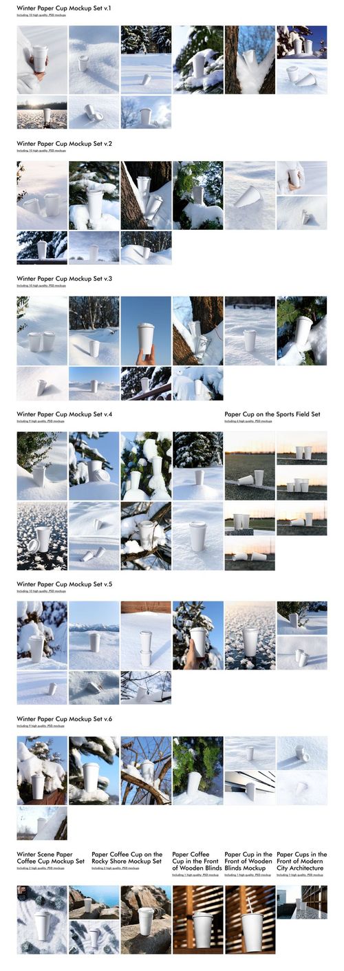 Collage of white paper cup mockups featuring close-ups and wide shots in snowy landscapes and natural environments.