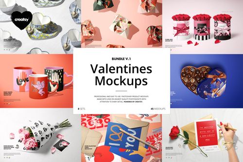 Collage of Valentine's themed mockups including mugs, gift boxes, shoes, cards, chocolate boxes, and flowers on colorful backgrounds.