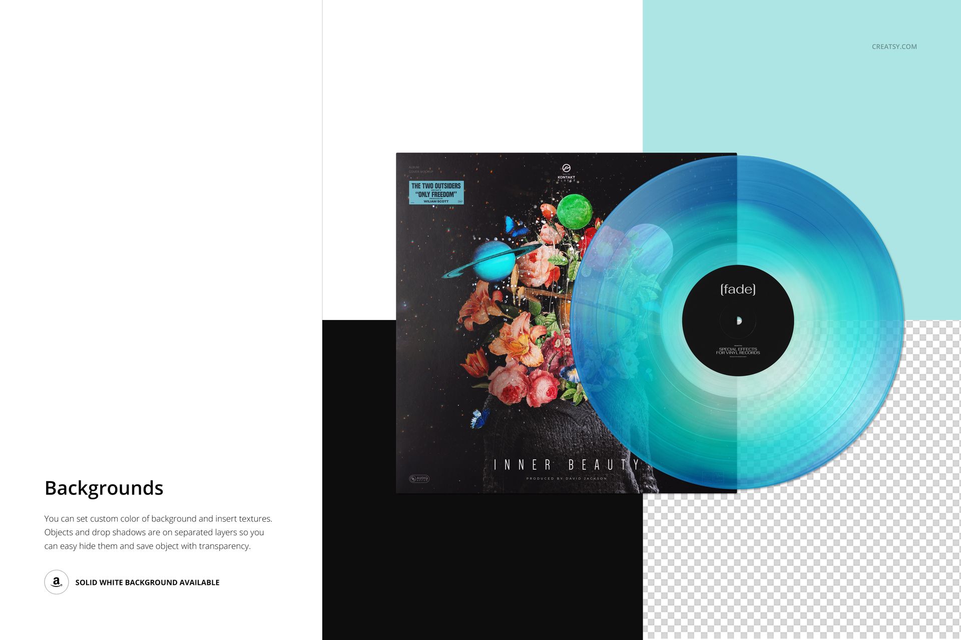 Front view of a vinyl record and cover mockup, featuring a colorful record with a blue fade effect and cosmic-themed artwork.