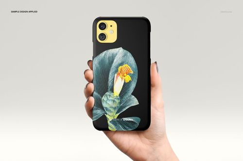 iPhone 11 matte snap case mockup shown in hand, displaying a detailed flower artwork against a pale background.