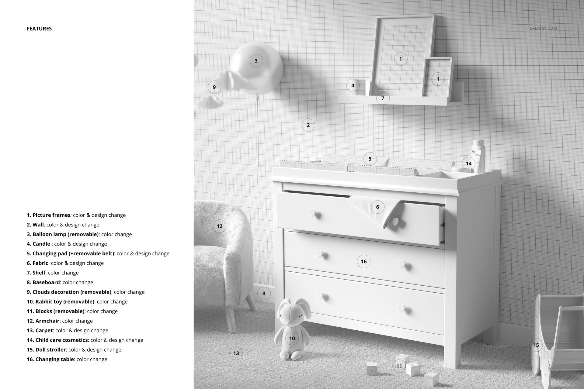 Baby room changing pad mockup featuring a white dresser with a changing mat, plush toys, and wall decor in a neutral setting.