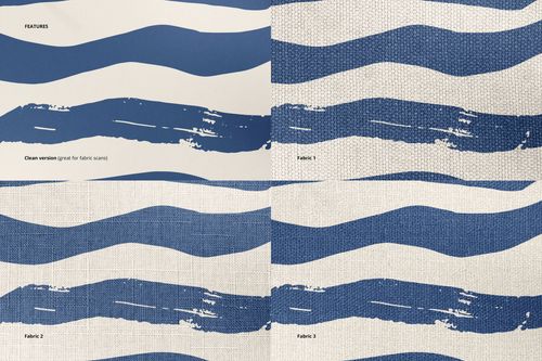 Fabric swatches mockup set with blue undulating stripes on textured backgrounds, displayed in a grid from above.