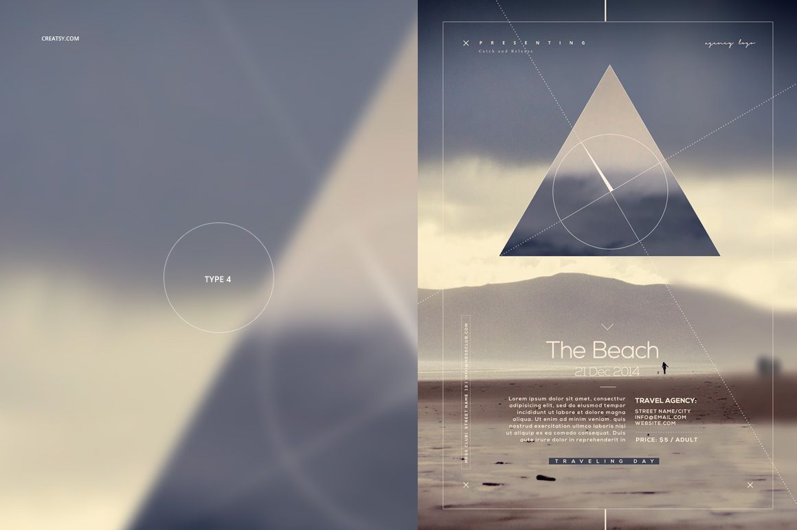 Front view of a nature-themed poster mockup with geometric shapes, muted colors, and mountain landscape background.