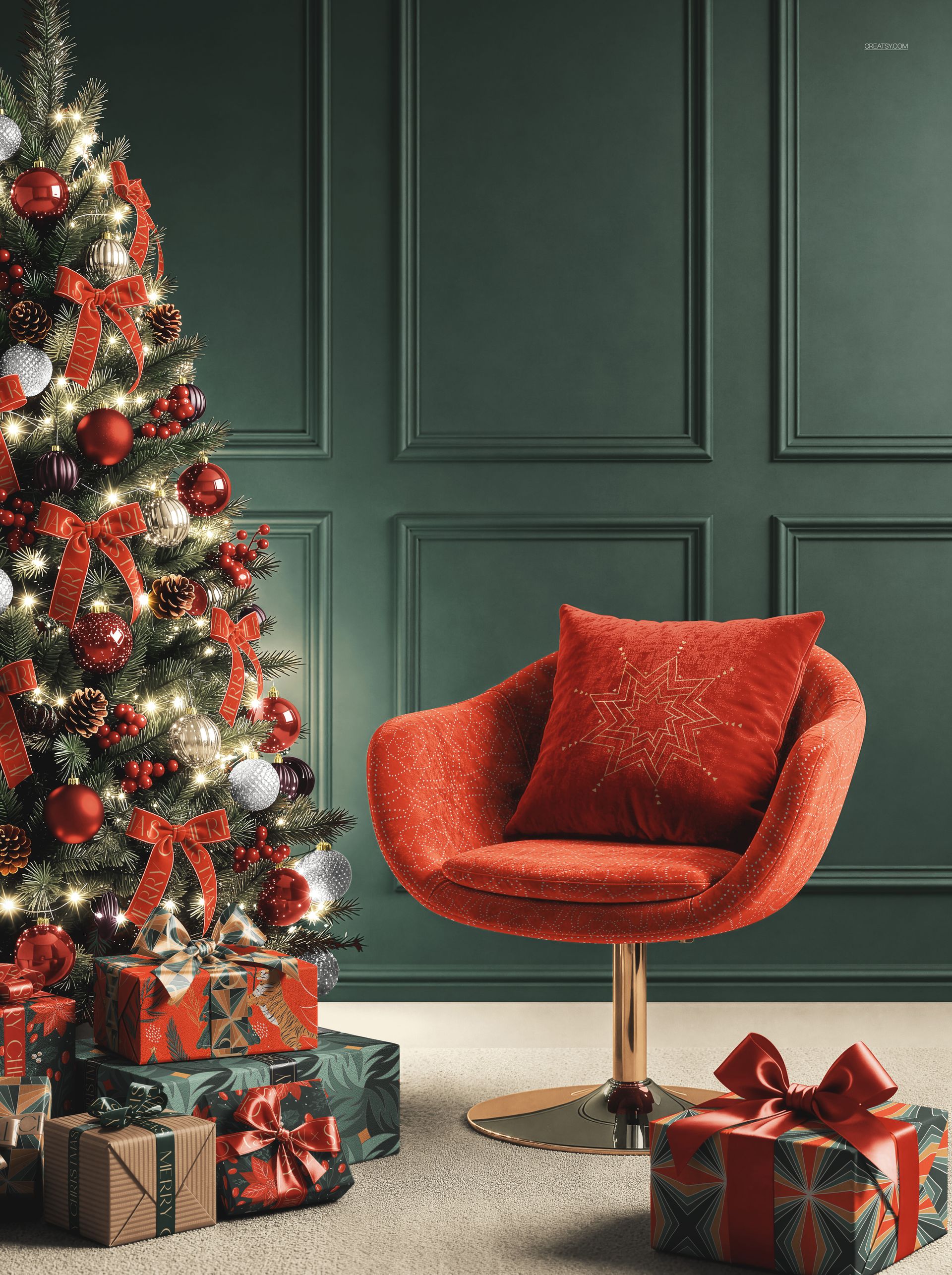 Christmas-themed PSD mockup showing wrapped gift boxes with bows beside a festive tree and a velvet red chair.