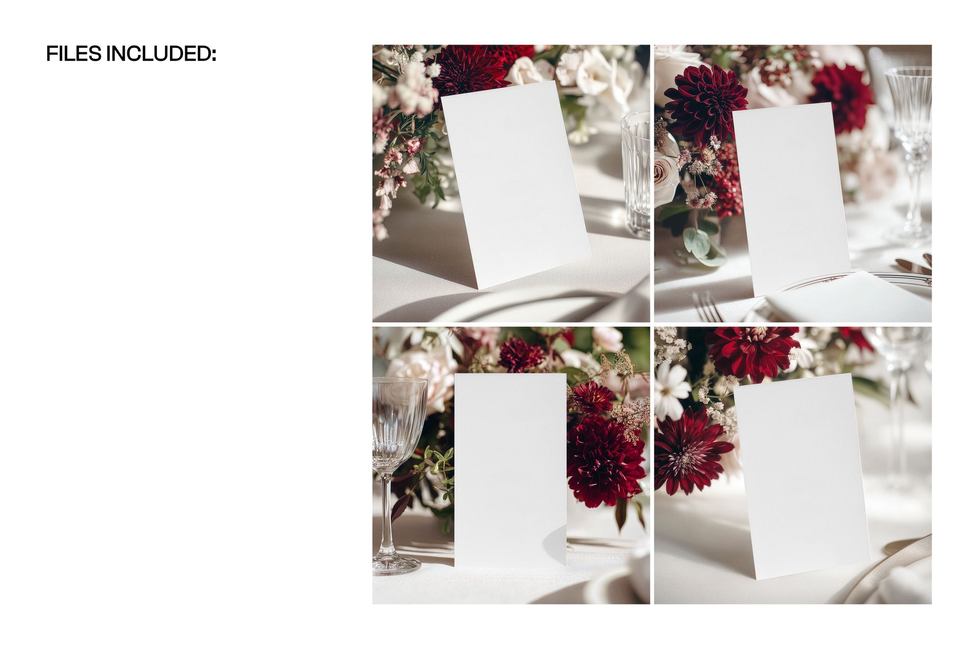 Blank floral wedding table menu card mockup set with white cards displayed among red and white flowers and glassware.