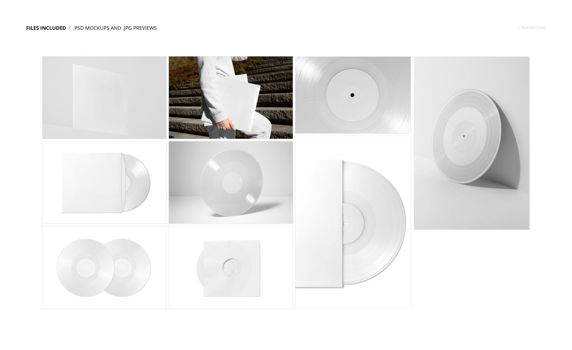 Top view and angled shots of a colored vinyl record mockup set, featuring white records and sleeves in various arrangements.
