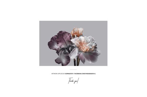 Rolled canvas print mockup featuring three realistic flowers in purple, peach, and white on a gray background.