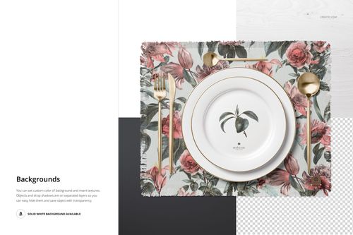 PSD mockup showing a fringed placemat with pink and green flowers, paired with a round plate and gold utensils.