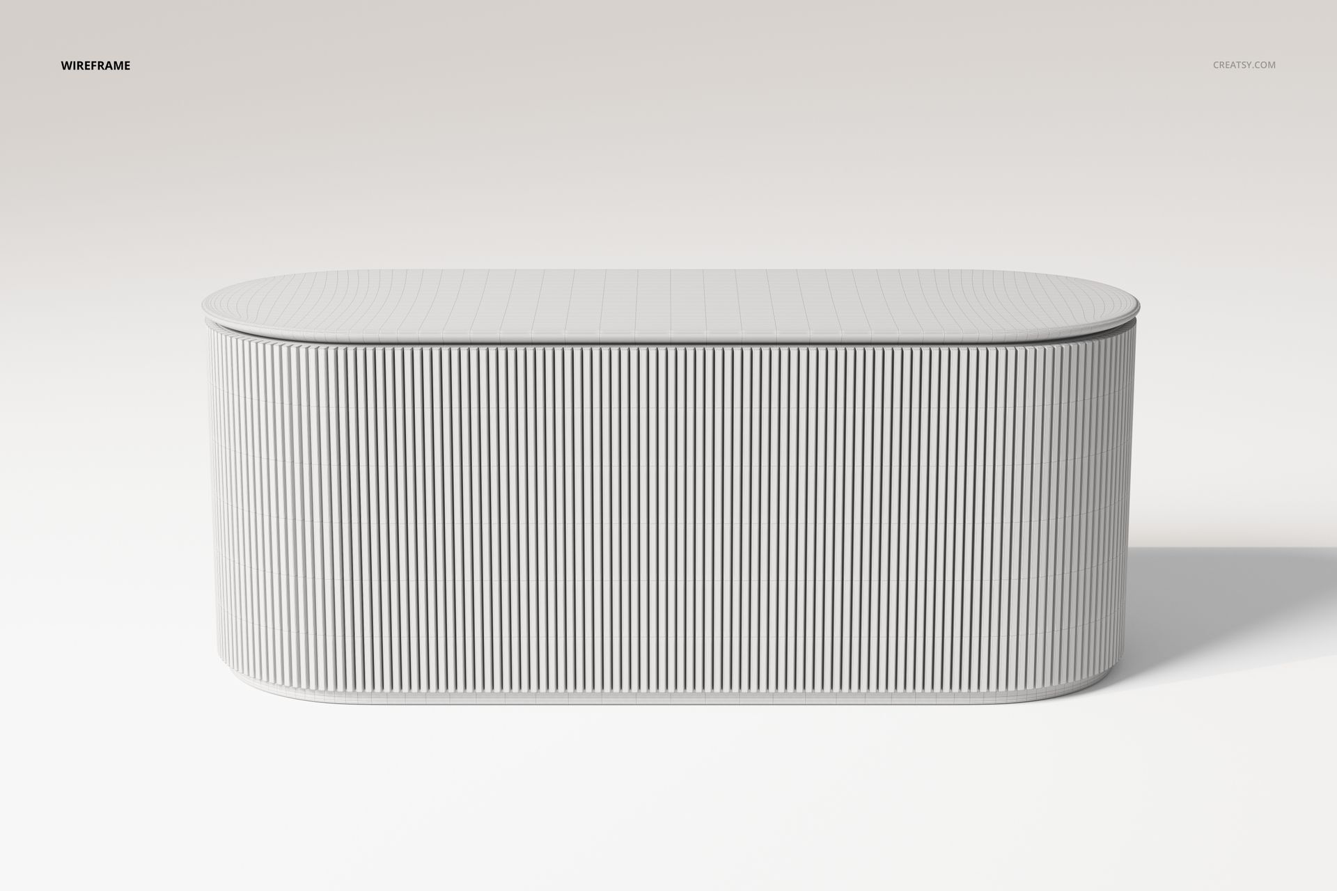 Front view of a modern bar cabinet with rounded edges and vertical ribbed texture, shown in a neutral white color.