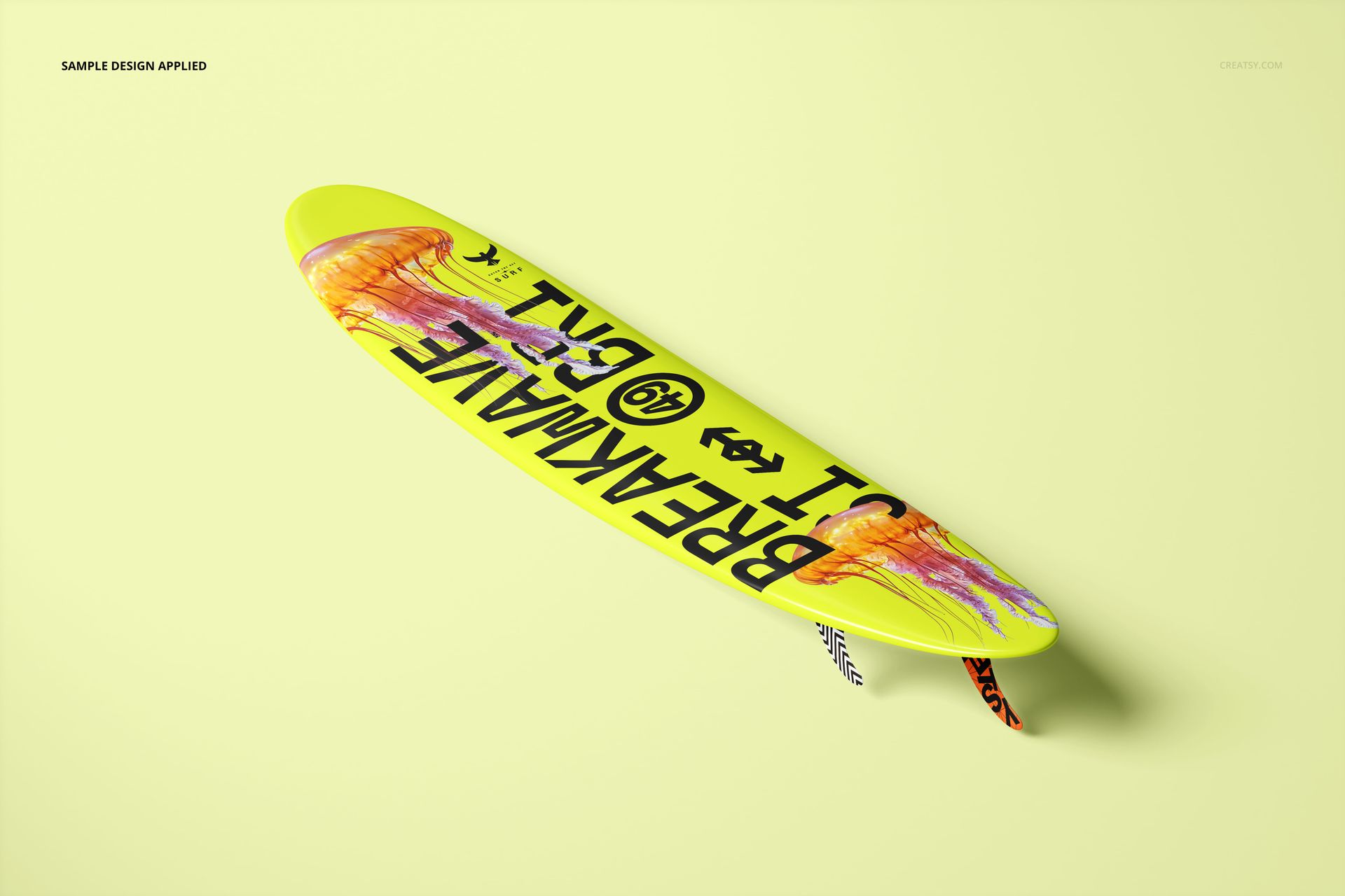 Surfboard longboard mockup featuring a bright yellow board with colorful jellyfish artwork and text, displayed in a studio setting.