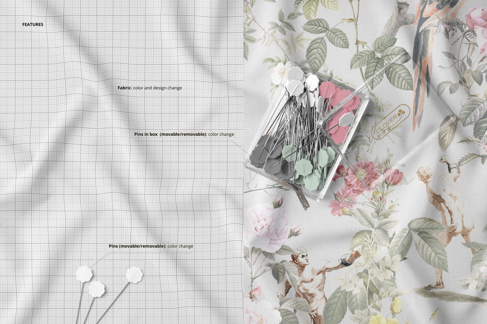 Close-up view of wrinkled fabric mockup showing a grid pattern on the left and a floral print with pins on the right.