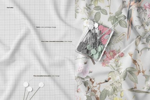 Close-up view of wrinkled fabric mockup showing a grid pattern on the left and a floral print with pins on the right.