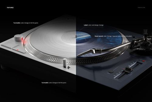 Mockup of a vinyl record on a turntable, showing color and design variations, photographed from above.