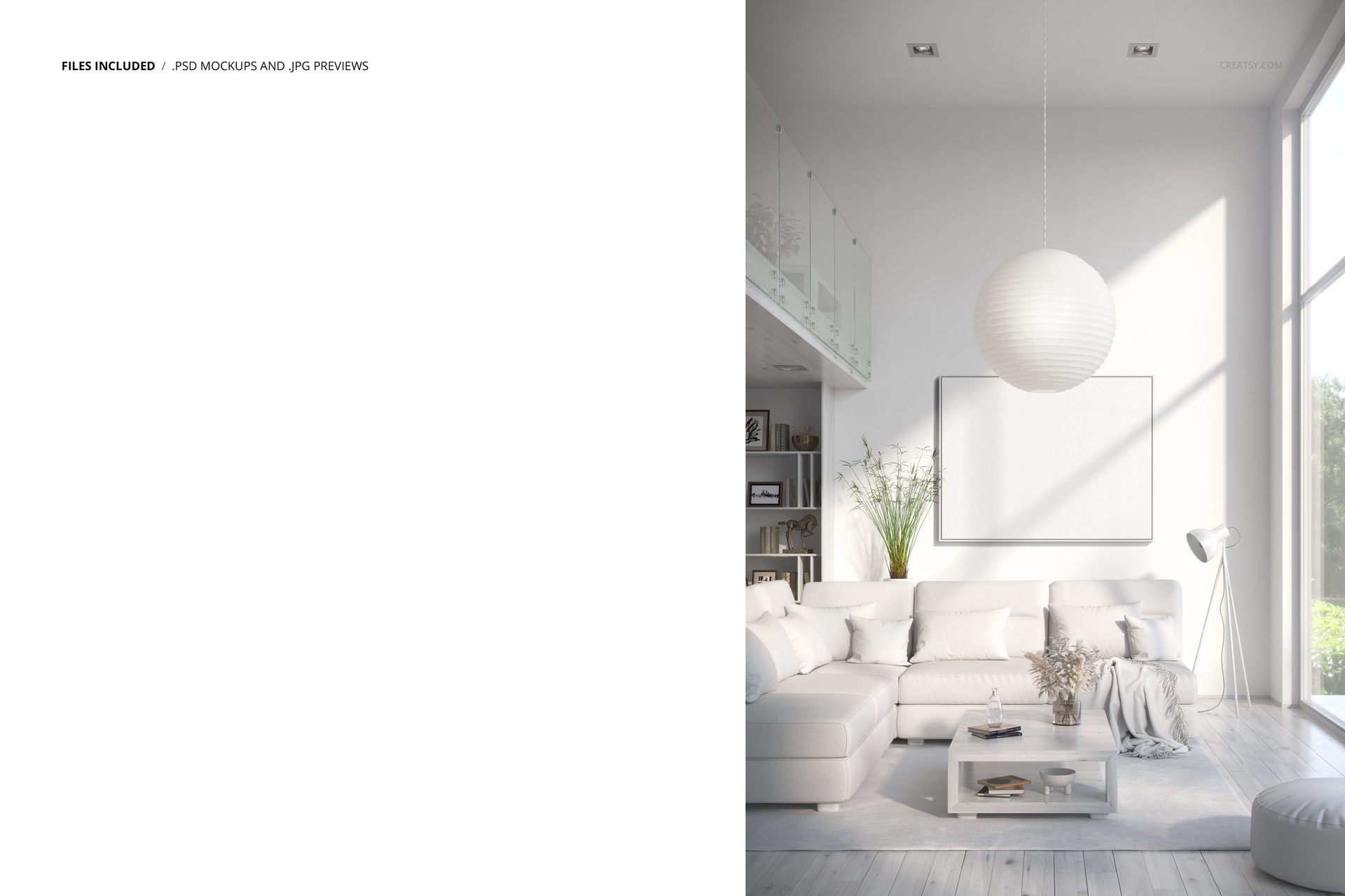 Scandinavian living room with white sofa, assorted pillows, large canvas print, and round pendant lamp in daylight.