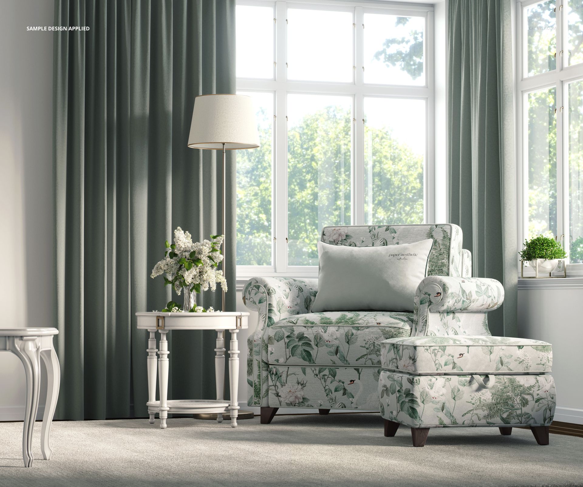 Floral patterned armchair and ottoman PSD mockup set in a sunlit room with large windows, curtains, and side tables.