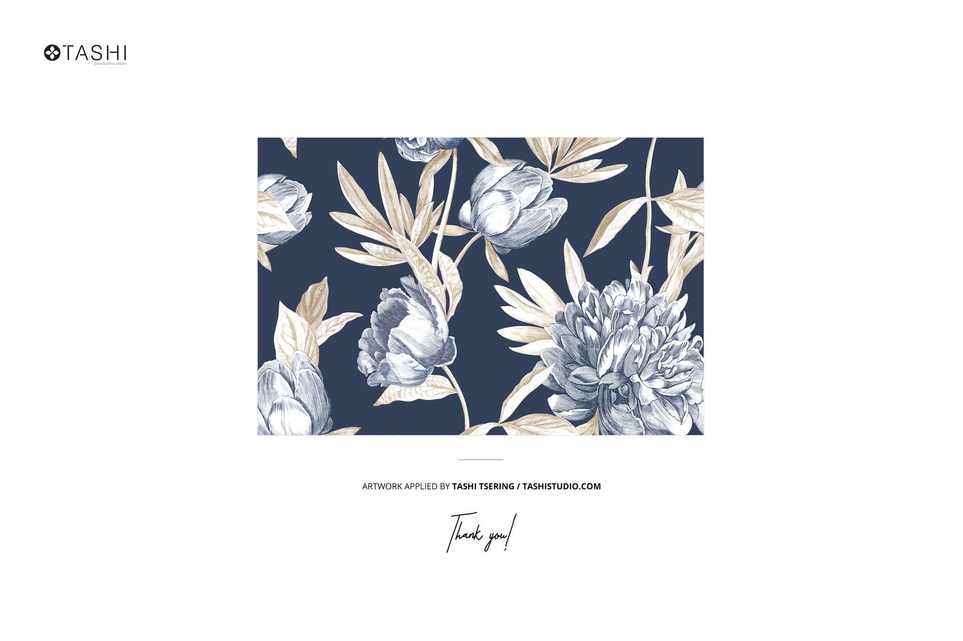 Flat canvas pouch with a blue background and beige floral pattern, shown from the front against a white backdrop.