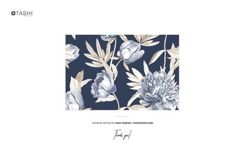 Flat canvas pouch with a blue background and beige floral pattern, shown from the front against a white backdrop.