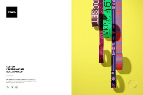 Front view of multiple custom tape rolls with bold patterns suspended on a yellow surface, shown in a PSD mockup.