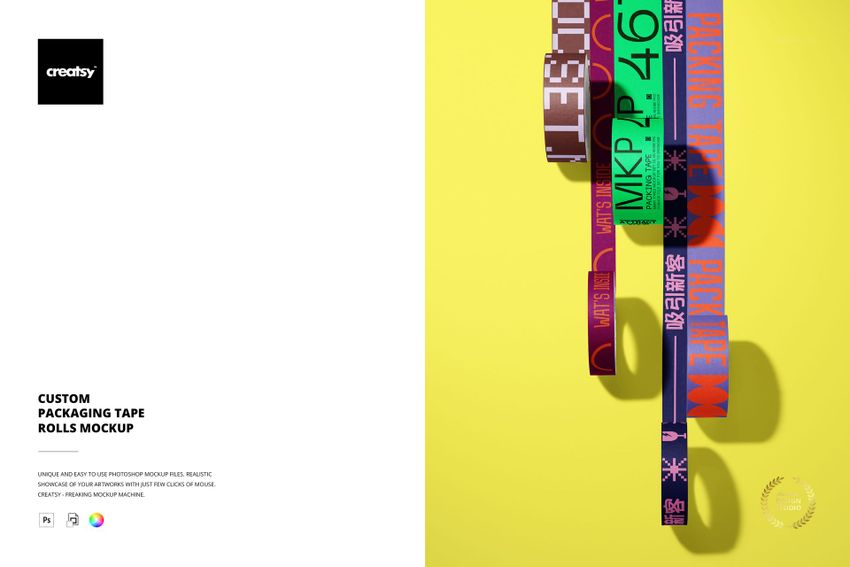 Front view of multiple custom tape rolls with bold patterns suspended on a yellow surface, shown in a PSD mockup.