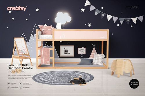 PSD mockup showing a modern children's bedroom setup with bunk bed, navy accent wall, bunting, and cozy decor elements.