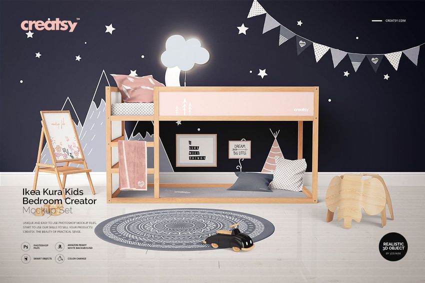 PSD mockup showing a modern children's bedroom setup with bunk bed, navy accent wall, bunting, and cozy decor elements.