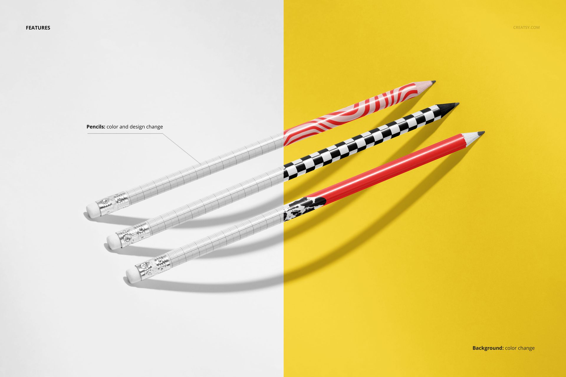 Abstract PSD mockup featuring three pencils with unique designs on a contrasting white and yellow backdrop.