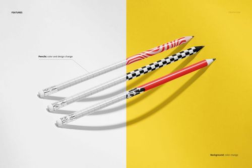 Abstract PSD mockup featuring three pencils with unique designs on a contrasting white and yellow backdrop.