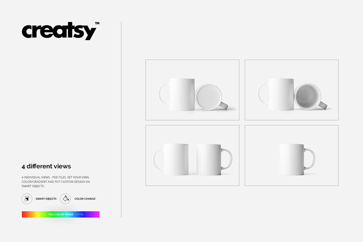 Set of four white ceramic mugs displayed in different angles on a plain white background, showcasing mug mockup views.
