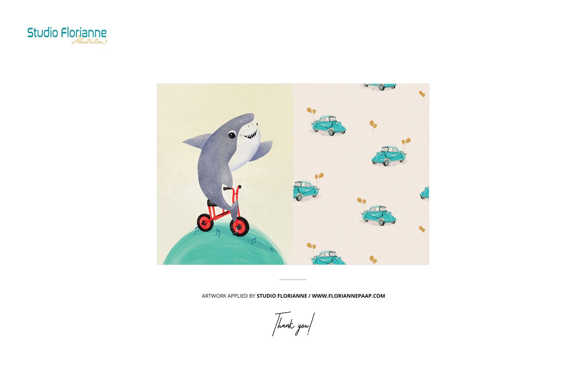 Kids changing pad mockup showing two designs: a shark on a tricycle and a pattern of teal cars with keys.