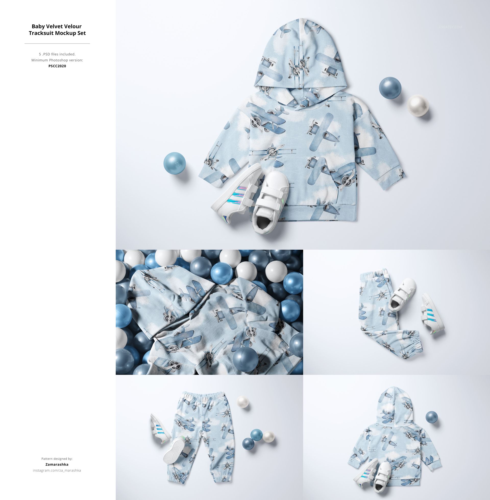 Kids tracksuit mockup featuring a light blue hoodie and pants with playful animal prints, surrounded by blue and white balls.