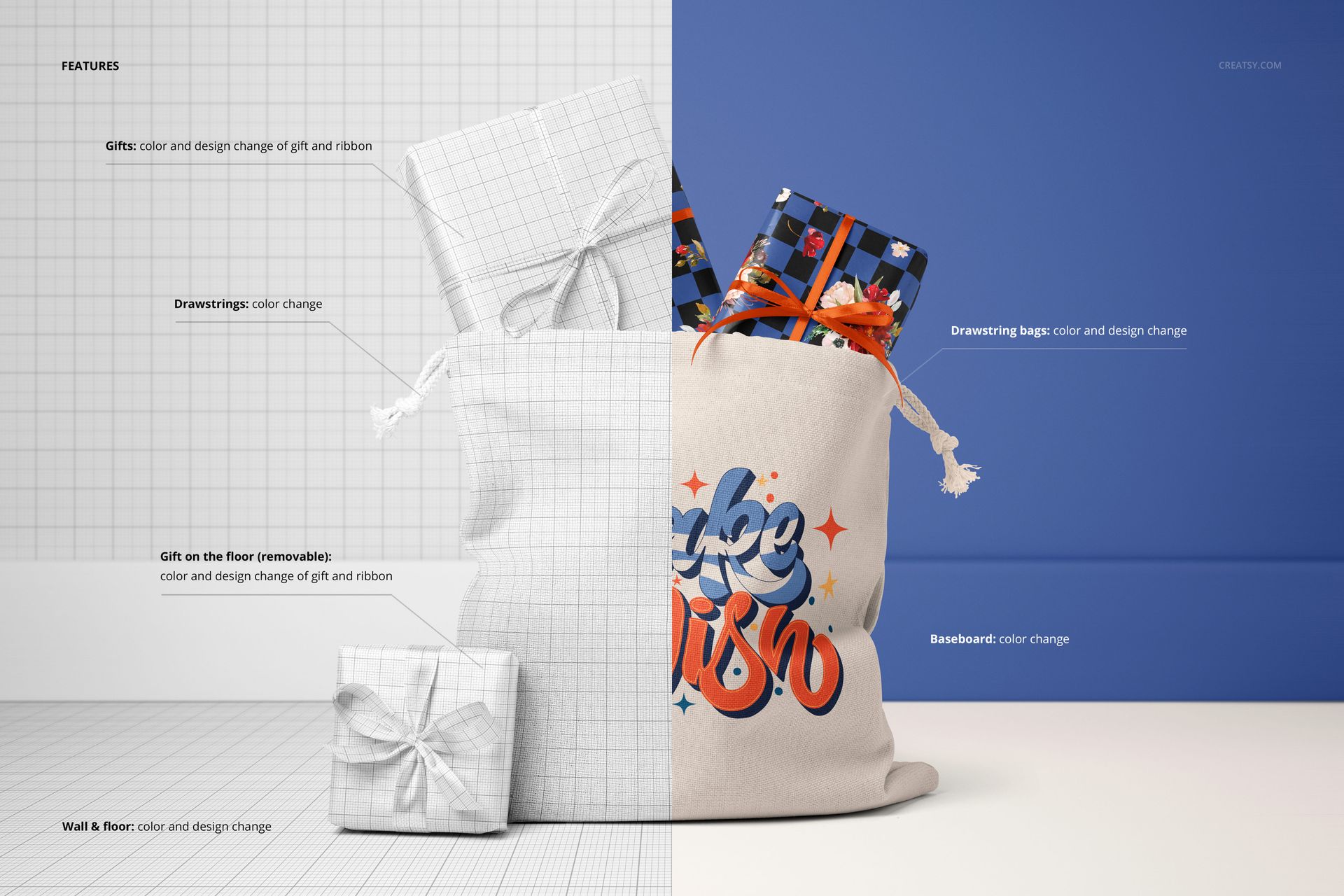 Christmas-themed Santa bag mockup filled with wrapped presents, shown in a split scene with blue and grid backgrounds.