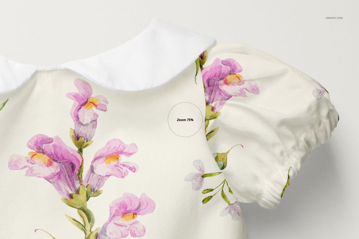 Front close-up of a baby romper mockup with short puff sleeves, white collar, and pink floral pattern on cream fabric.