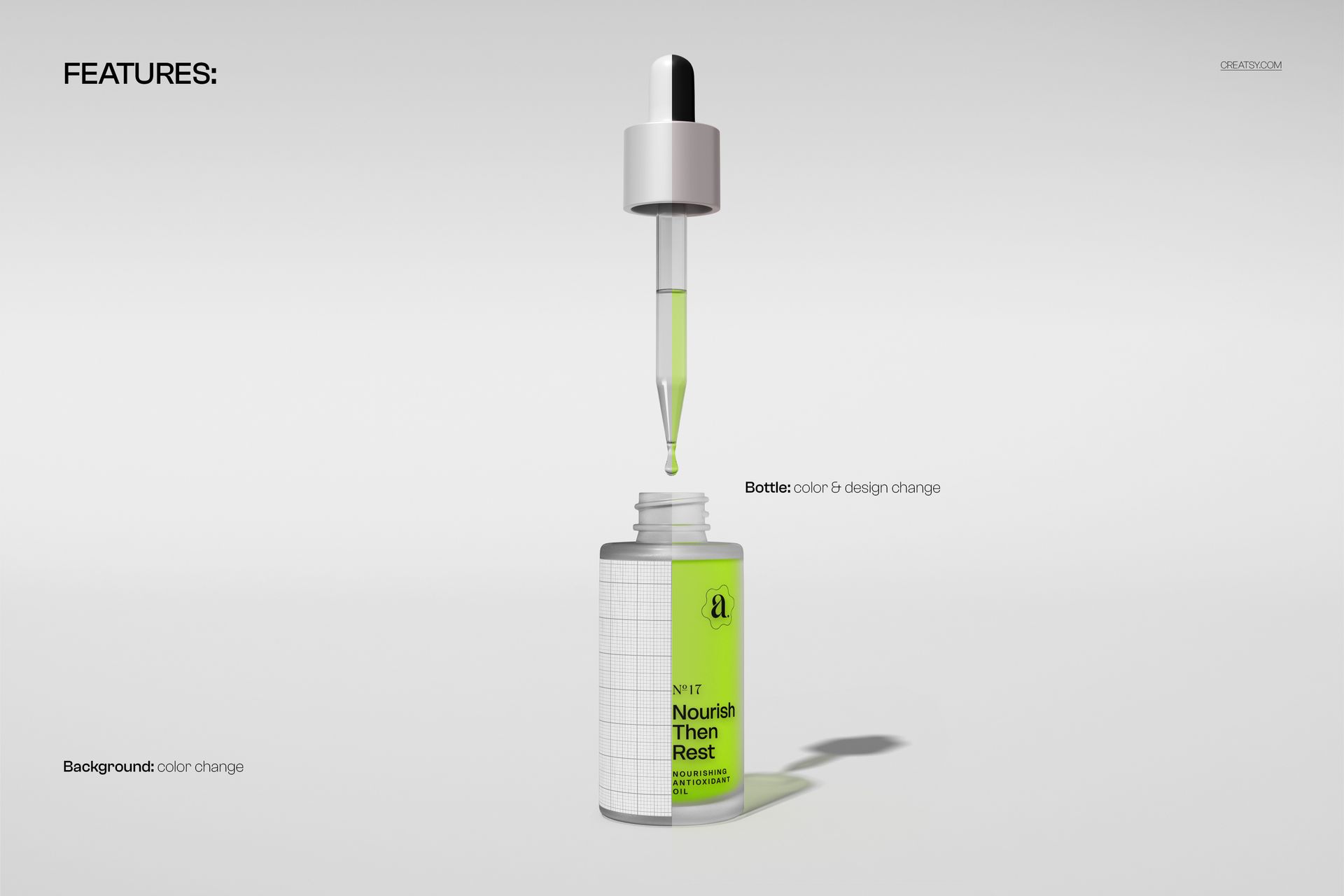 Open serum bottle with a dropper releasing a green liquid drop, shown on a white background in a front view mockup.