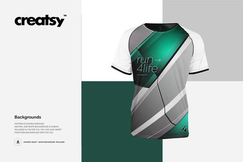 Running jersey mockup featuring bold diagonal stripes in gray and green, white short sleeves, and a modern design.