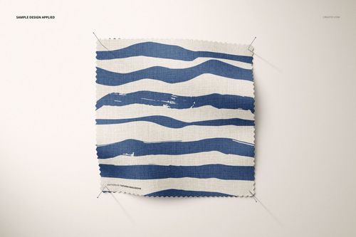 Square fabric swatch mockup pinned to a light wall, featuring blue and white wavy stripe pattern, front view.