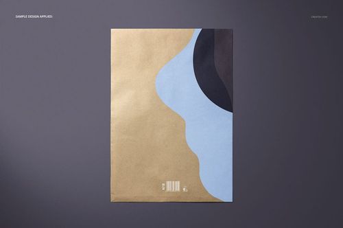Top view of a brown envelope mockup featuring curved blue and black shapes, set against a smooth dark backdrop.
