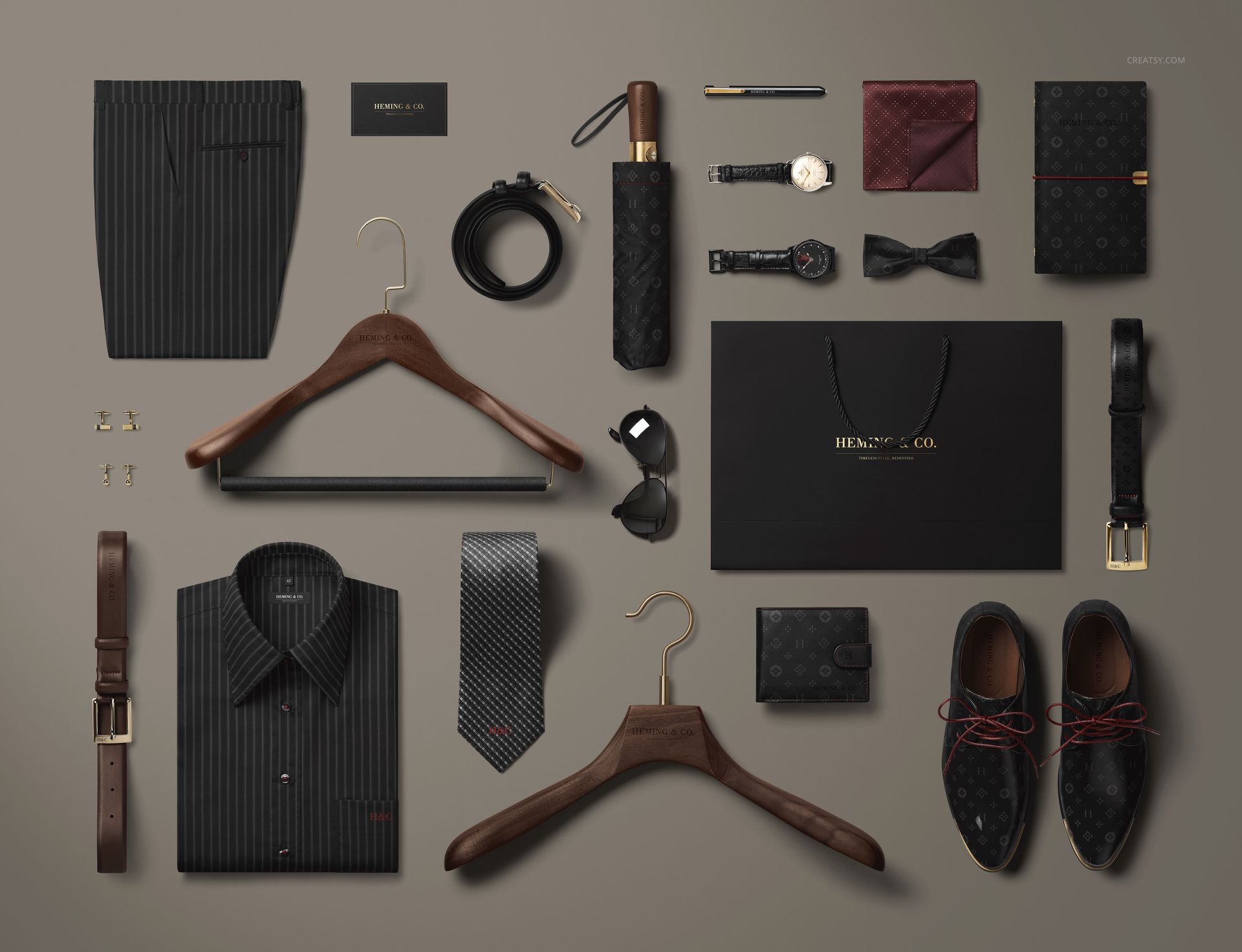 Men's apparel mockup featuring tailored shirt, trousers, leather shoes, tie, umbrella, and assorted accessories.