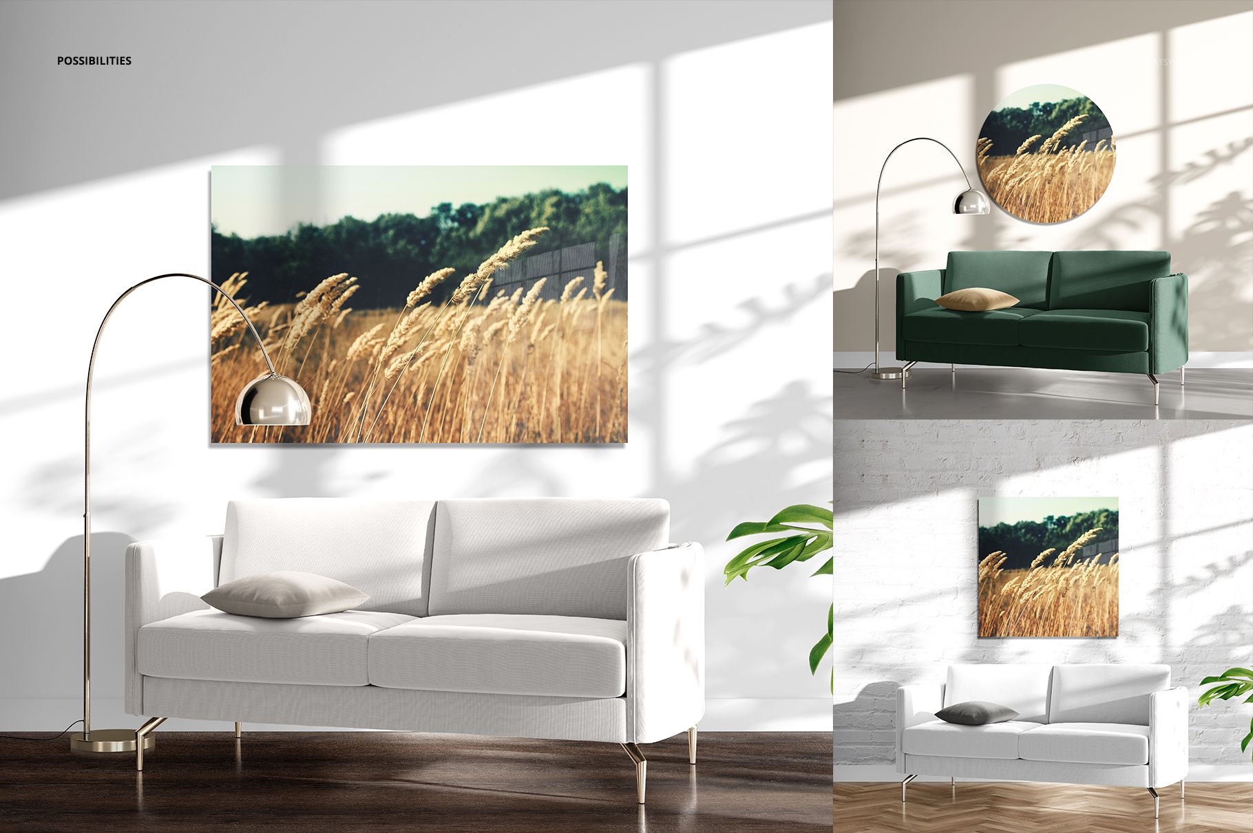 Mockup showing a dibond and acrylic print of golden grass landscape, mounted on a wall behind a white couch.