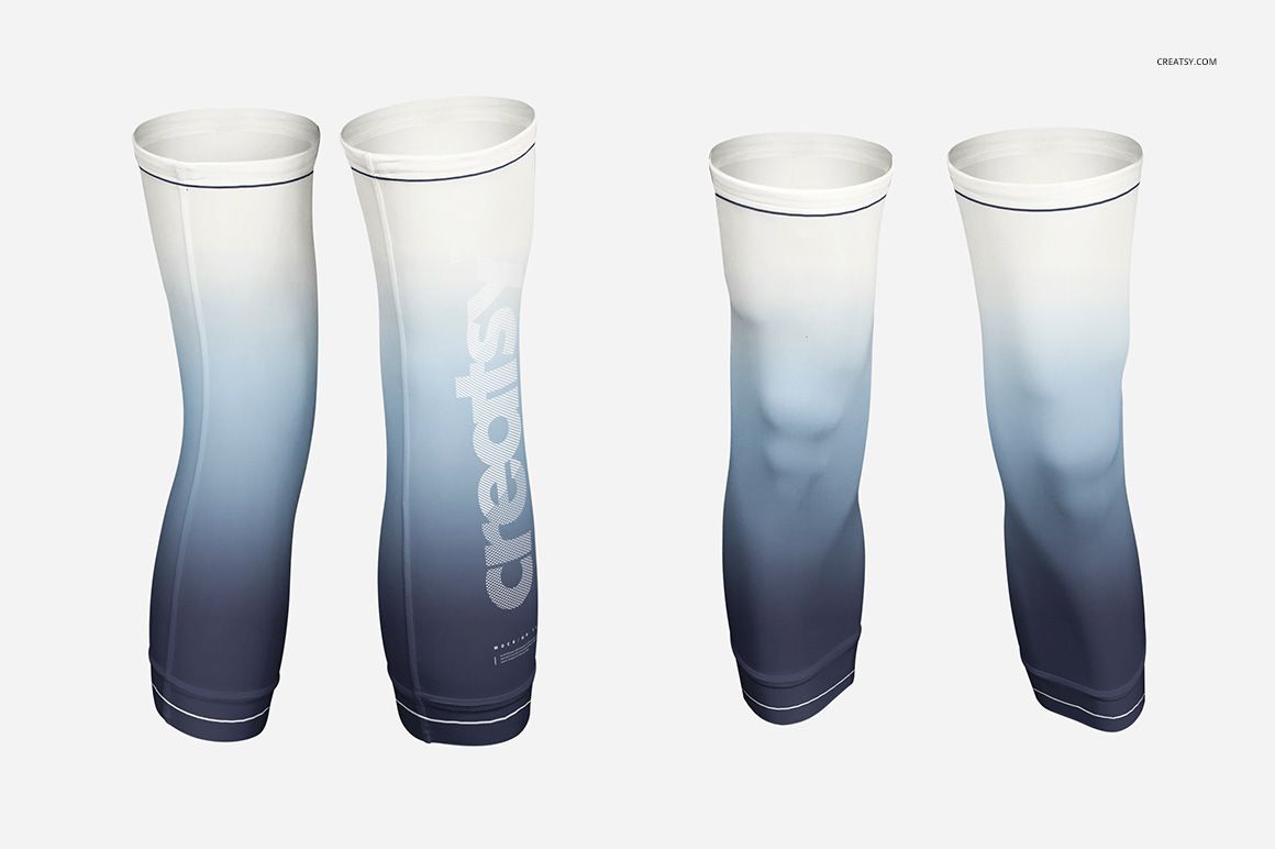 Set of four legs sleeves mockup in blue to white gradient, shown from multiple angles on a plain backdrop.