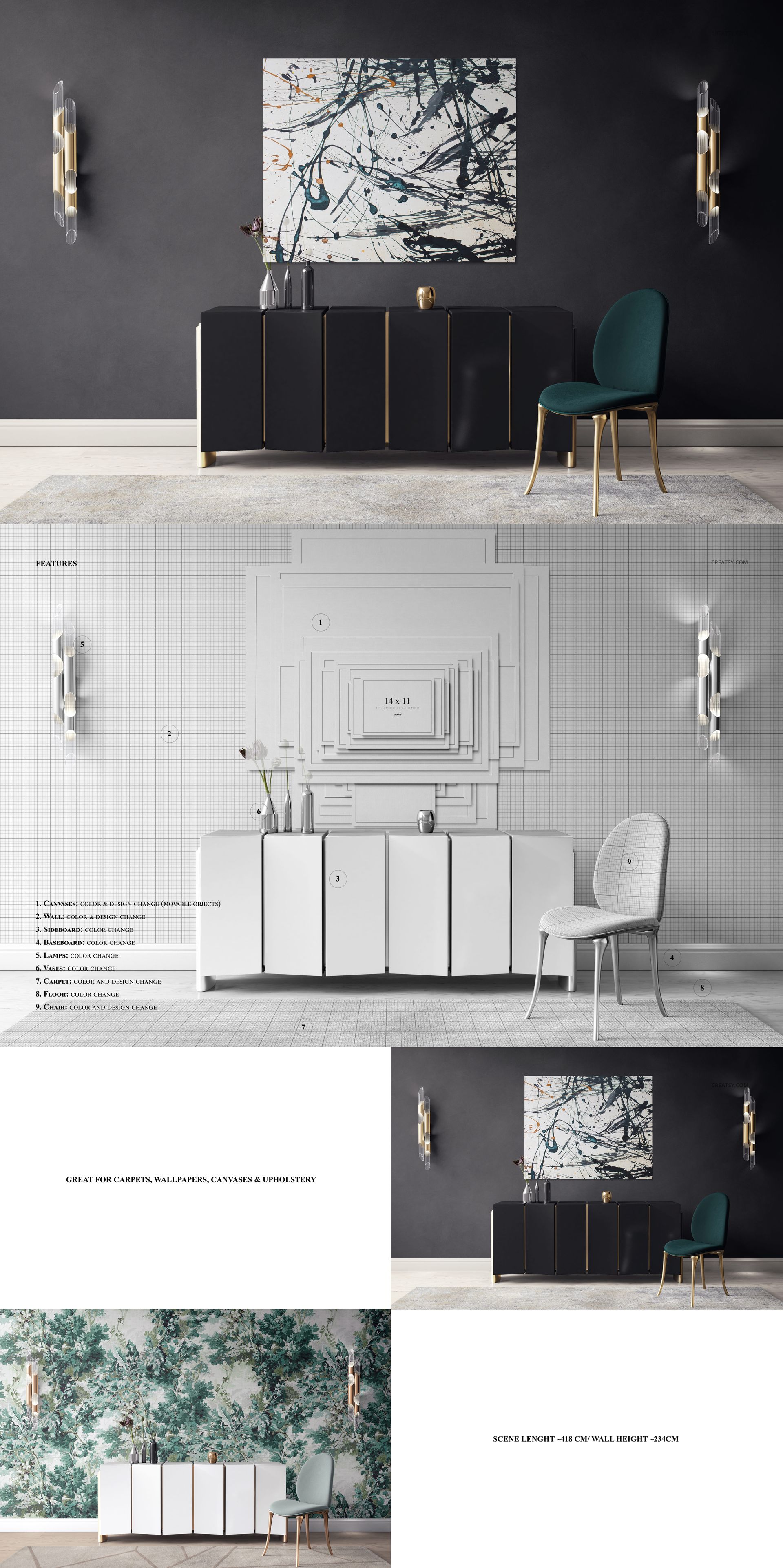 PSD mockup displaying a contemporary interior with abstract canvas art, upholstered chair, and wallpaper options.