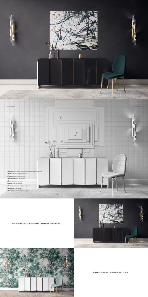 PSD mockup displaying a contemporary interior with abstract canvas art, upholstered chair, and wallpaper options.